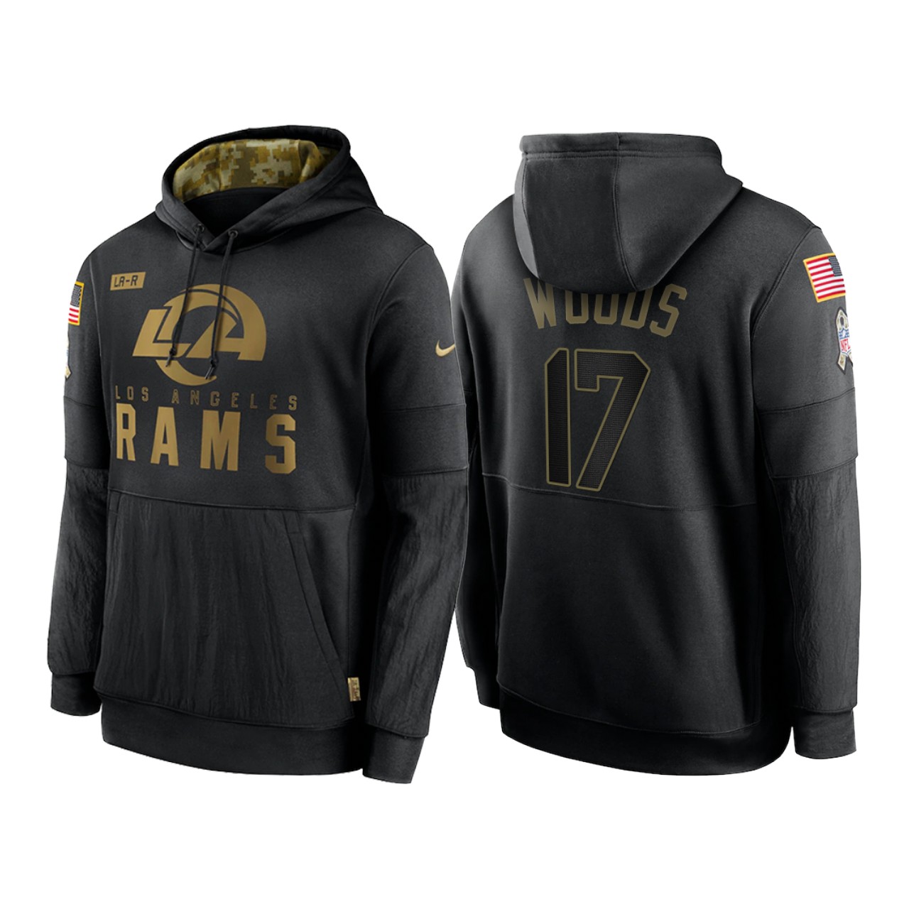 Men's Los Angeles Rams #17 Robert Woods 2020 Black Salute To Service Sideline Performance Pullover Hoodie