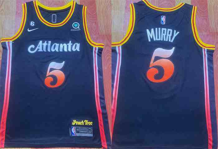 Men's Atlanta Hawks #5 Dejounte Murray Black 2022-23 City Edition With NO.6 Patch Stitched Jersey
