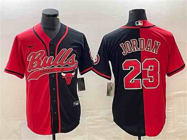 Men's Chicago Bulls #23 Michael Jordan Red Black Split Cool Base Stitched Baseball Jersey