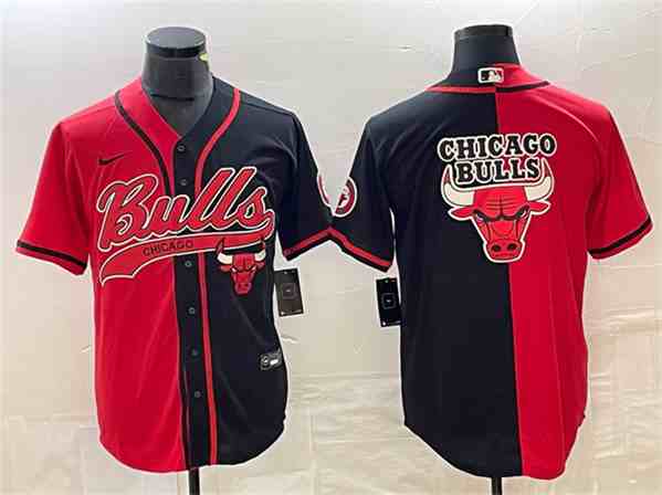 Men's Chicago Bulls Red Black Split Team Big Logo Cool Base Stitched Baseball Jersey
