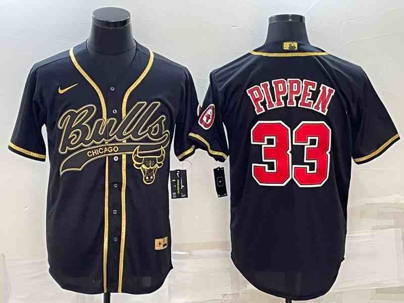 Men's Chicago Bulls #33 Scottie Pippen Black Gold With Patch Cool Base Stitched Baseball Jersey