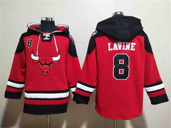 Men's Chicago Bulls #8 Zach LaVine Red Black Ageless Must-Have Lace-Up Pullover Hoodie