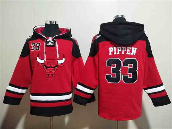 Men's Chicago Bulls #33 Scottie Pippen Red Black Ageless Must-Have Lace-Up Pullover Hoodie