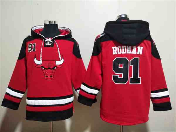Men's Chicago Bulls #91 Dennis Rodman Red Black Ageless Must-Have Lace-Up Pullover Hoodie