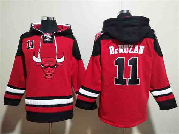 Men's Chicago Bulls #11 DeMar DeRozan Red Black Ageless Must-Have Lace-Up Pullover Hoodie