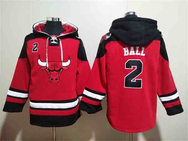 Men's Chicago Bulls #2 Lonzo Ball Red Black Ageless Must-Have Lace-Up Pullover Hoodie