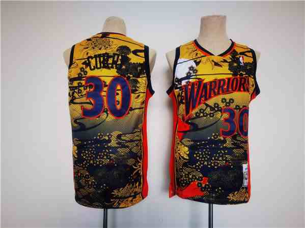 Men's Golden State Warriors #30 Stephen Curry Yellow Red Black Throwback Stitched Jersey