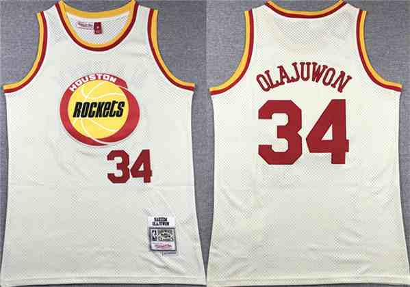 Men's Houston Rockets #34 Hakeem Olajuwon White Mitchell & Ness Hardwood Classics Swingman Stitched Basketball Jersey