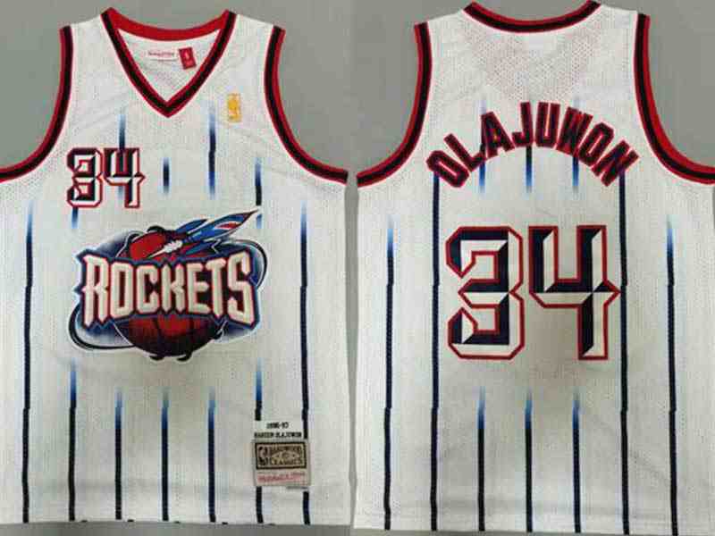 Mens Nba Houston Rockets #34 Hakeem Olajuwon White Stripe 96-97 Mitchell&ness Hardwood Classics Jersesy