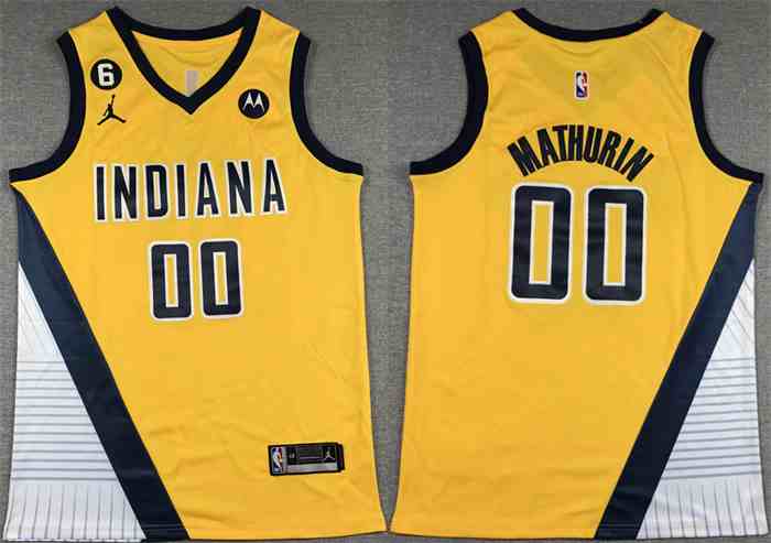 Men's Indiana Pacers #00 Bennedict Mathurin Yellow With NO.6 Patch Stitched Basketball Jersey
