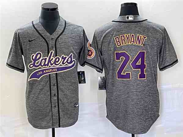 Men's Los Angeles Lakers #24 Kobe Bryant Gray Cool Base With Patch Stitched Baseball Jersey