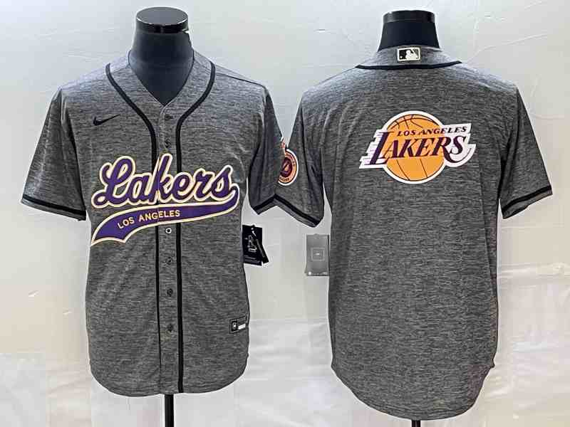 Men's Los Angeles Lakers Gray Team Big Logo Cool Base With Patch Stitched Baseball  Jersey