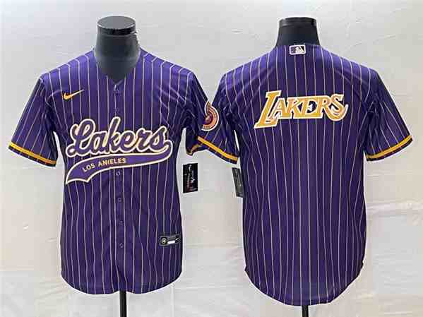 Men's Los Angeles Lakers Team Big Logo Purple Cool Base With Patch Stitched Baseball Jersey