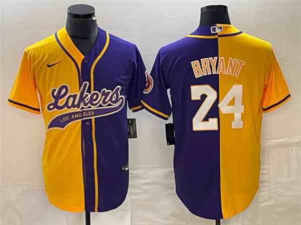 Men's Los Angeles Lakers Front #8 Back #24 Kobe Bryant Gold  Purple Split Cool Base Stitched Baseball Jersey