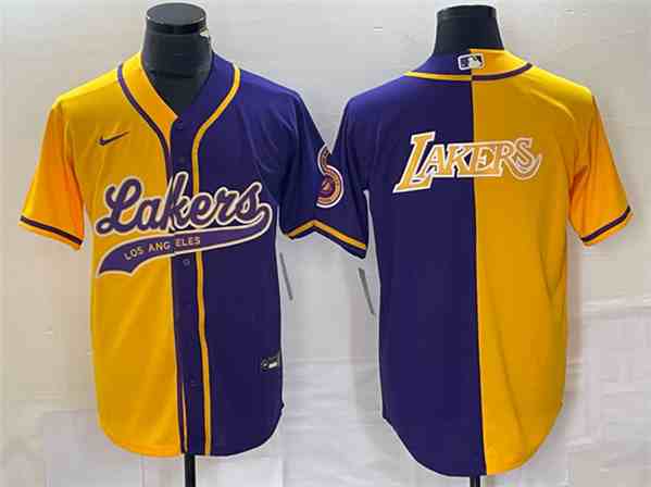 Men's Los Angeles Lakers Gold  Purple Split Team Big Logo Cool Base Stitched Baseball Jersey