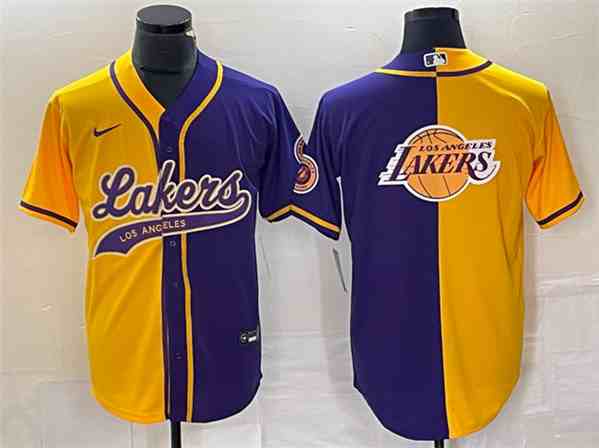 Men's Los Angeles Lakers Gold Purple Split Team Big Logo Cool Base Stitched Baseball Jersey