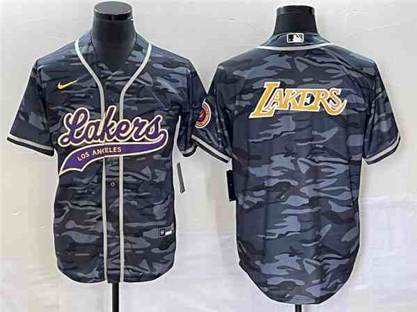 Men's Los Angeles Lakers Team Big Logo Grey Cool Base With Patch Stitched Baseball  Jersey