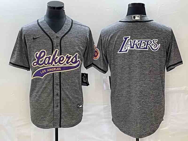 Men's Los Angeles Lakers Gray Team Big Logo Cool Base With Patch Stitched  Baseball  Jersey