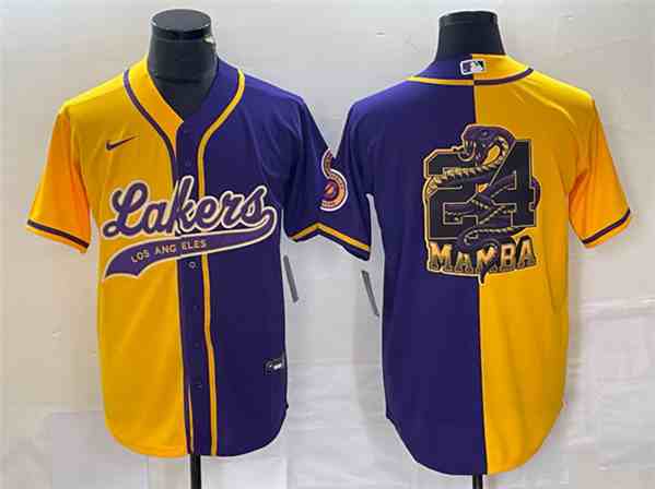 Men's Los Angeles Lakers Gold  Purple Split #24 Mamba Big Logo Cool Base Stitched Baseball Jersey