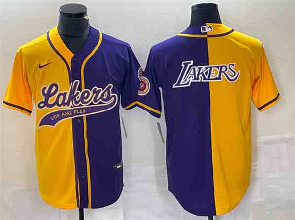 Men's Los Angeles Lakers Gold   Purple Split Team Big Logo Cool Base Stitched Baseball Jersey