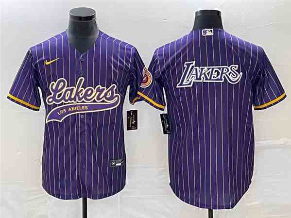 Men's Los Angeles Lakers Team Big Logo Purple Cool Base With Patch Stitched Baseball   Jersey