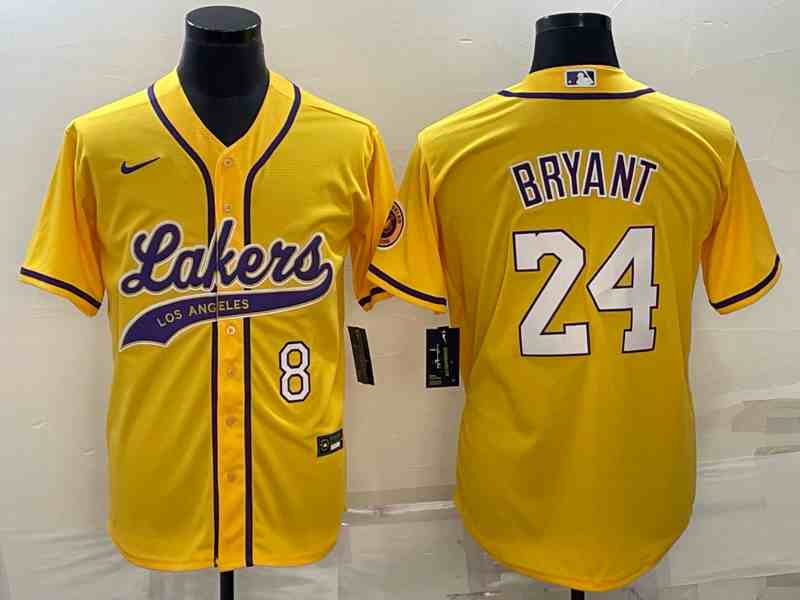 Men's Los Angeles Lakers Front #8 Back #24 Kobe Bryant Yellow Cool Base Stitched Baseball  Jersey