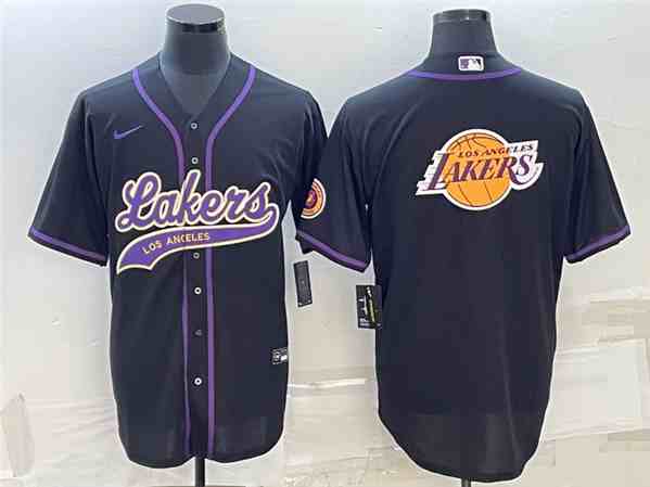 Men's Los Angeles Lakers Black Team Big Logo Cool Base Stitched Baseball Jersey