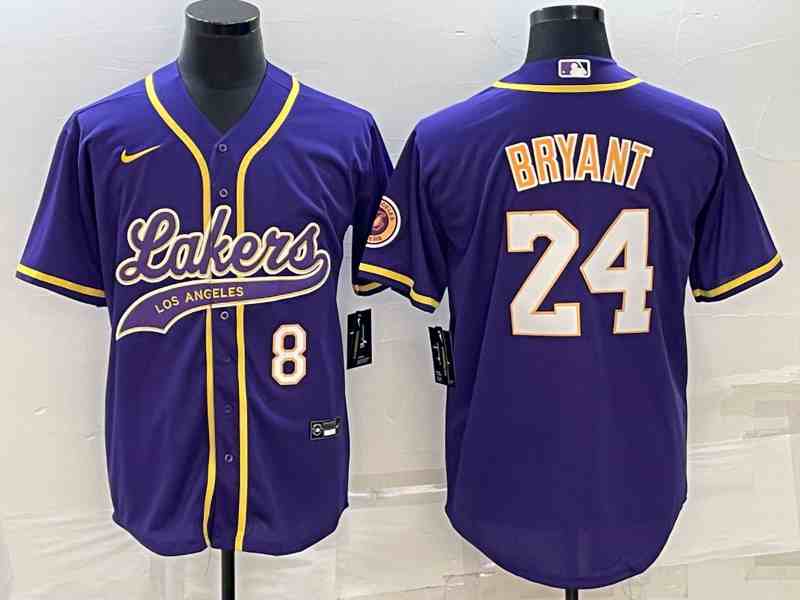 Men's Los Angeles Lakers Front #8 Back #24 Kobe Bryant Purple Cool Base Stitched Baseball  Jersey