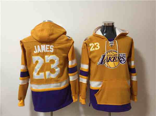 Men's Los Angeles Lakers #23 LeBron James Yellow Lace-Up Pullover Hoodie