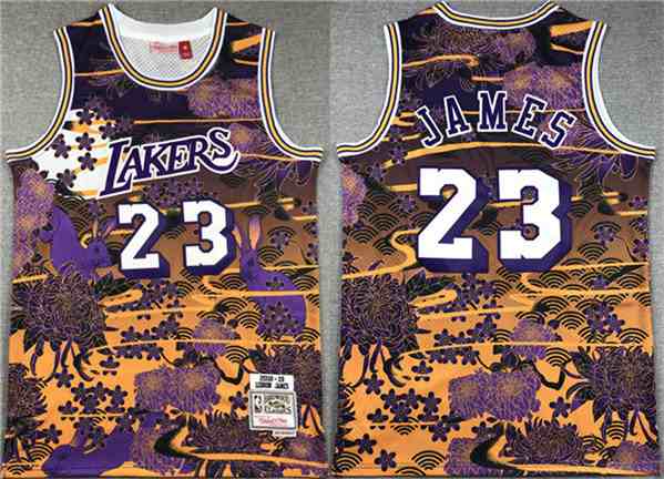 Men's Los Angeles Lakers #23 LeBron James Purple Yellow Throwback Basketball Jersey