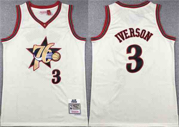 Men's Philadelphia 76ers #3 Allen Iverson White Throwback Stitched Basketball Jersey