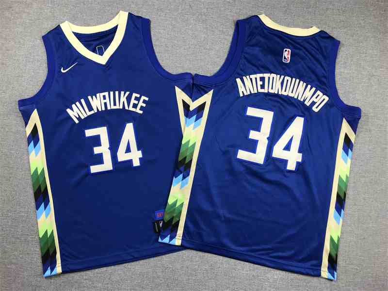 Youth Men's Milwaukee Bucks #34 Giannis Antetokounmpo 2022-23 Blue City Edition Stitched Basketball Jersey