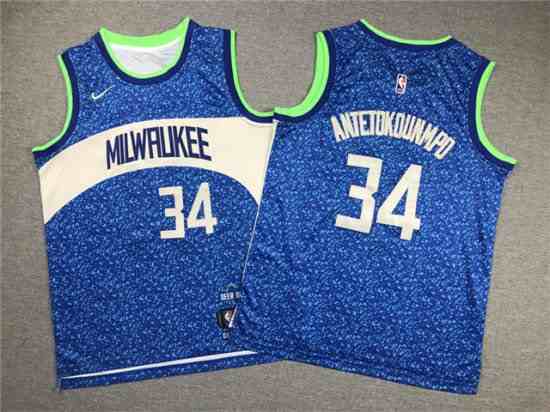Youth Milwaukee Bucks #34 Giannis Antetokounmpo 2023-24 Blue City Edition Swingman Jersey