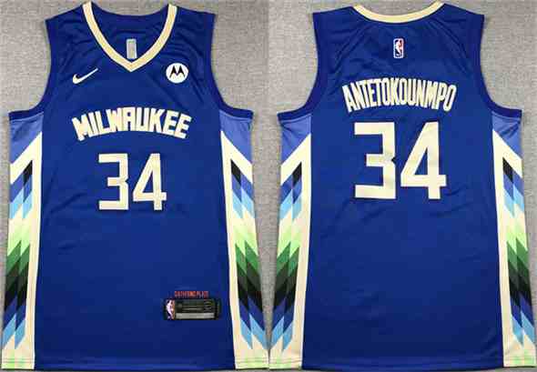 Men's Milwaukee Bucks #34 Giannis Antetokounmpo 2022-23 Blue City Edition Stitched Basketball Jersey