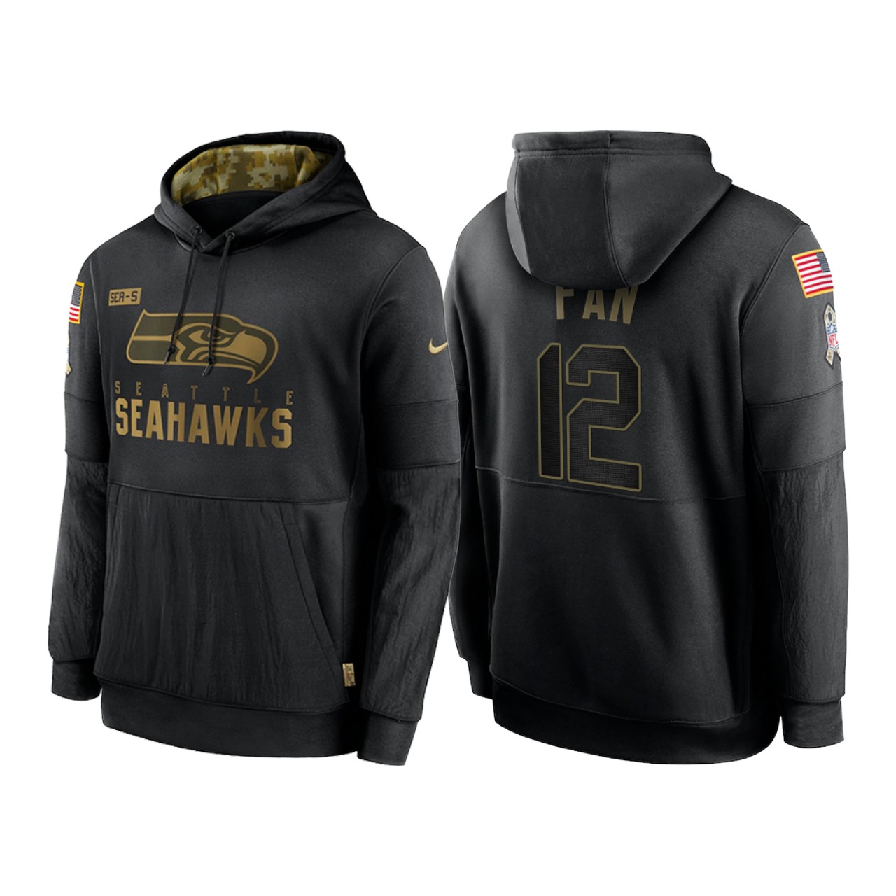 Men's Seattle Seahawks #12 Fan 2020 Black Salute To Service Sideline Performance Pullover Hoodie