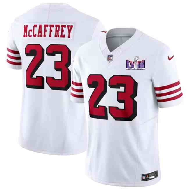 Men's San Francisco 49ers #23 Christian McCaffrey New White F.U.S.E. Super Bowl LVIII Patch Vapor Untouchable Limited Stitched Football Jersey