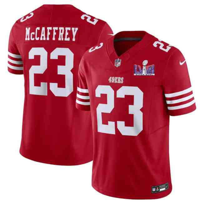 Men's San Francisco 49ers #23 Christian McCaffrey Red F.U.S.E. Super Bowl LVIII Patch Vapor Untouchable Limited Stitched Football Jersey