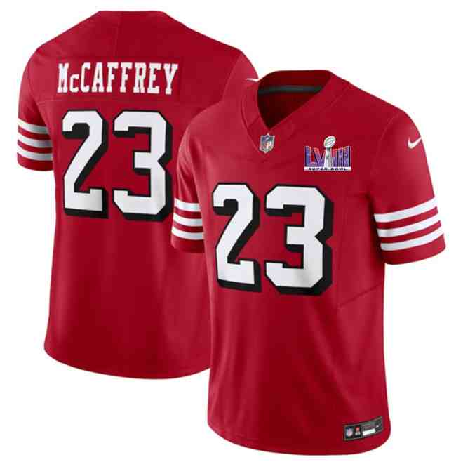 Men's San Francisco 49ers #23 Christian McCaffrey New Red F.U.S.E. Super Bowl LVIII Patch Vapor Untouchable Limited Stitched Football Jersey