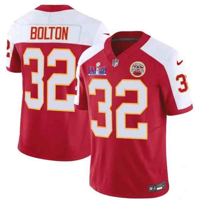 Men's Kansas City Chiefs #32 Nick Bolton Red White F.U.S.E. Super Bowl LVIII Patch Vapor Untouchable Limited Stitched Football Jersey