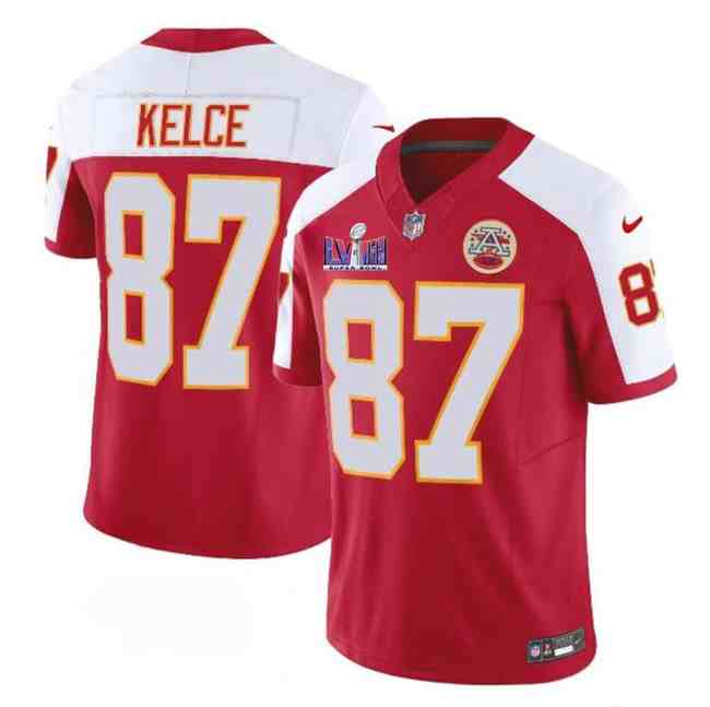 Men's Kansas City Chiefs #87 Travis Kelce Red White F.U.S.E. Super Bowl LVIII Patch Vapor Untouchable Limited Stitched Football Jersey