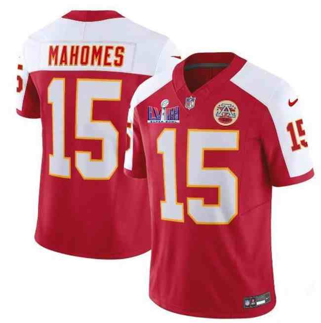 Men's Kansas City Chiefs #15 Patrick Mahomes Red White F.U.S.E. Super Bowl LVIII Patch Vapor Untouchable Limited Stitched Football Jersey