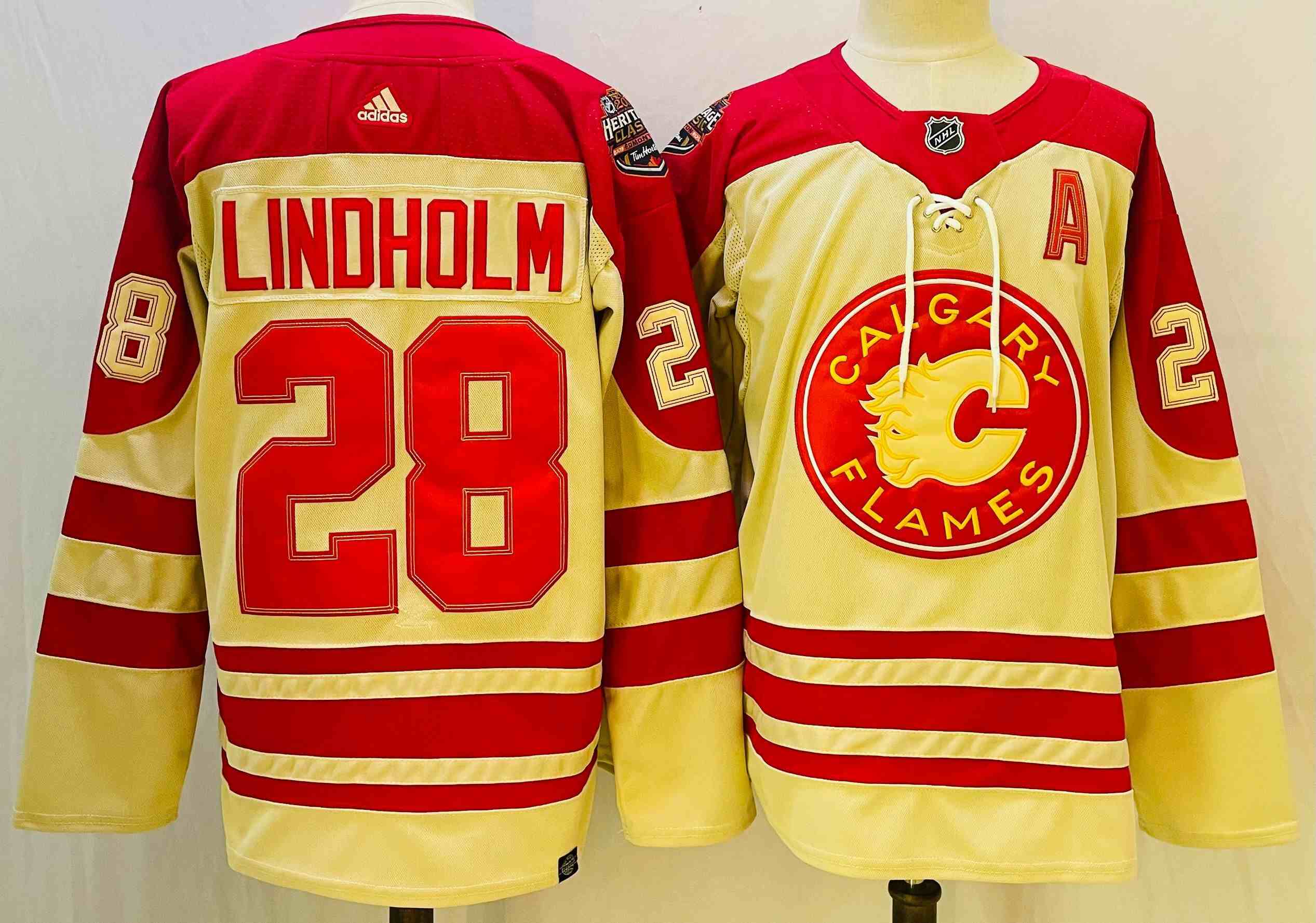Mens Nhl Calgary Flames #28 Elias Lindholm Cream 2023 Heritage Classic Adidas Jersey