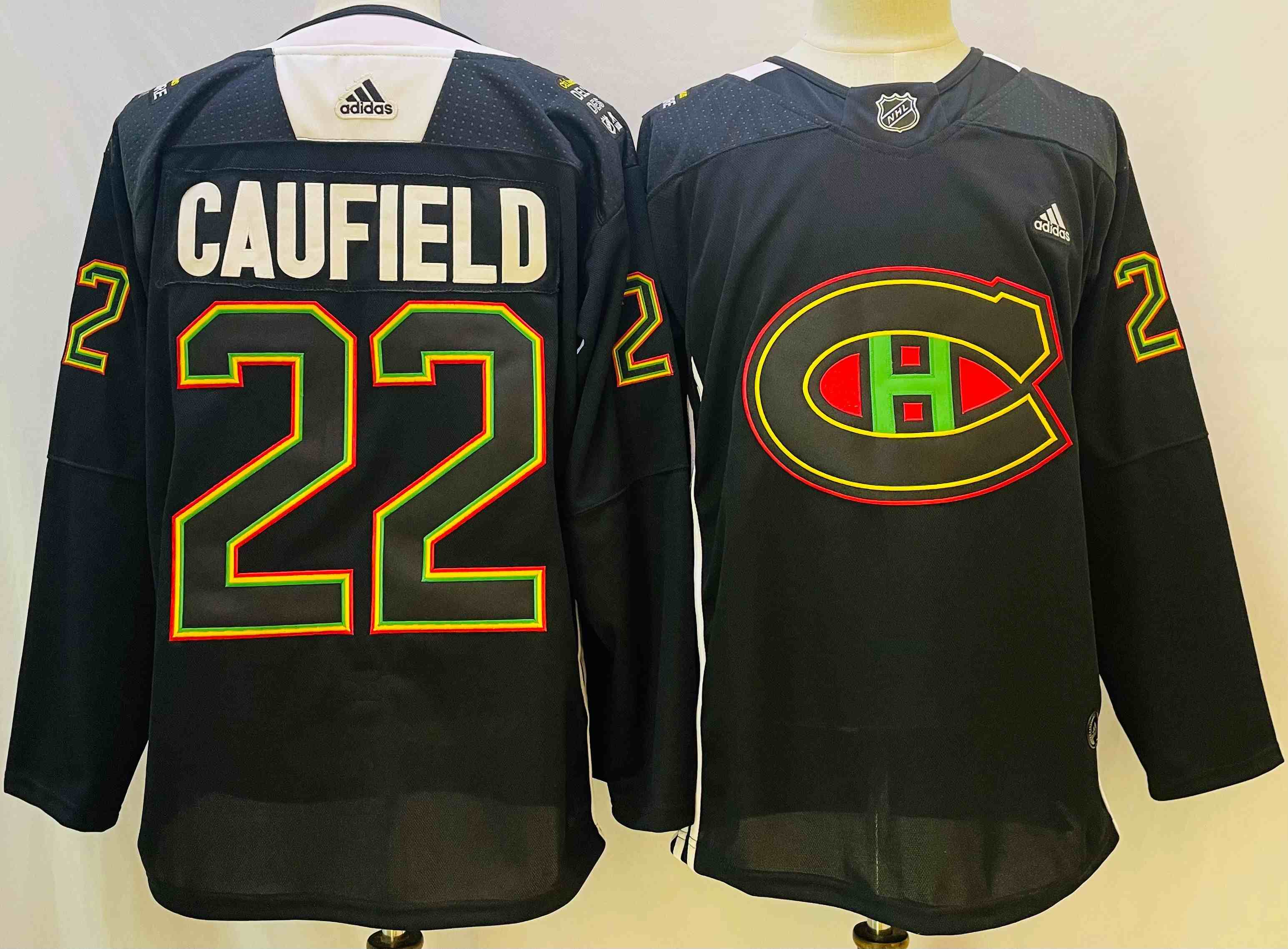 Men's Montreal Canadiens #22 Cole Caufield 2022 Black Warm Up History Night Stitched Jersey