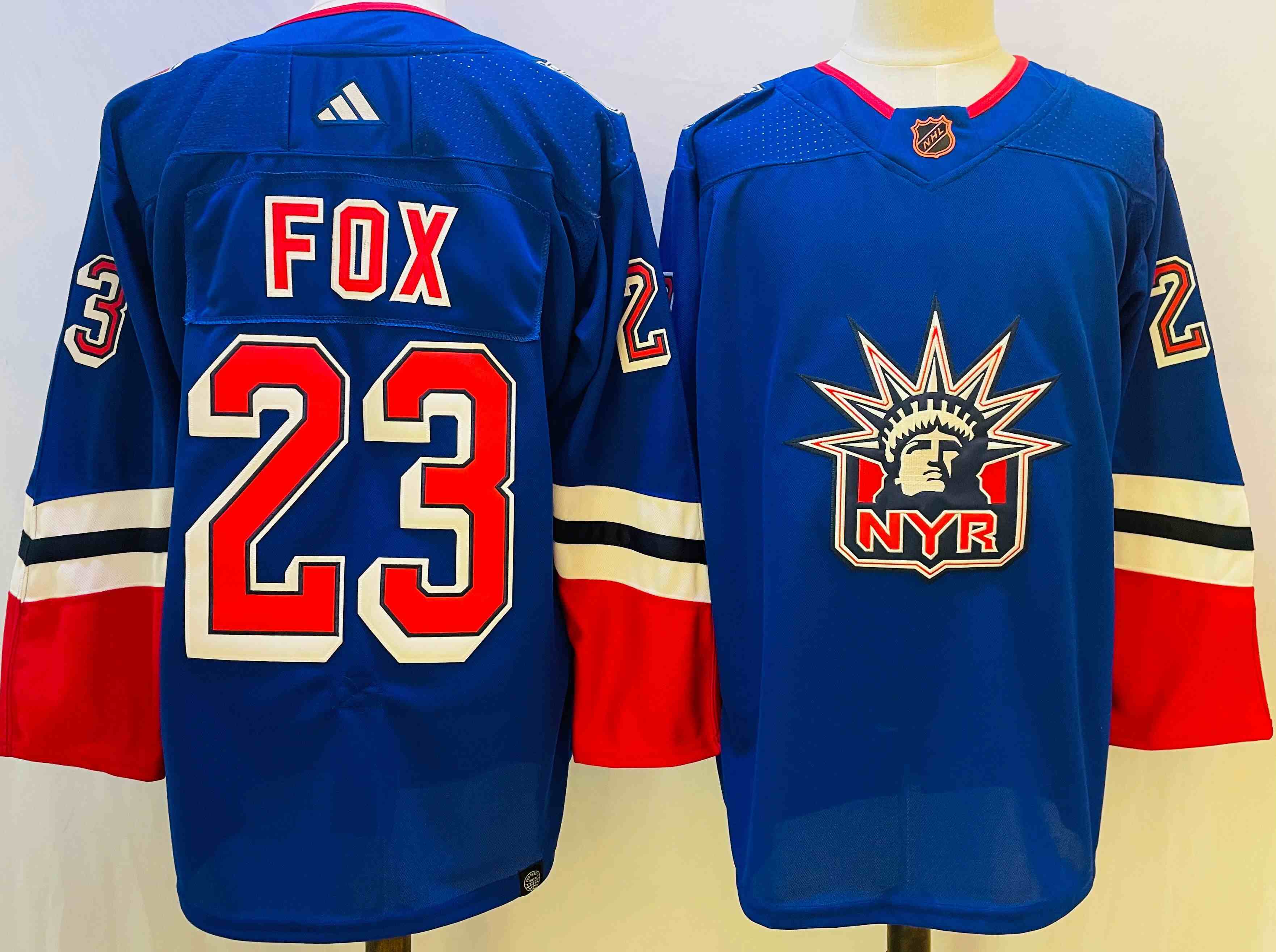 Men's New York Rangers #23 Adam Fox Blue 2022 Reverse Retro Stitched Jersey