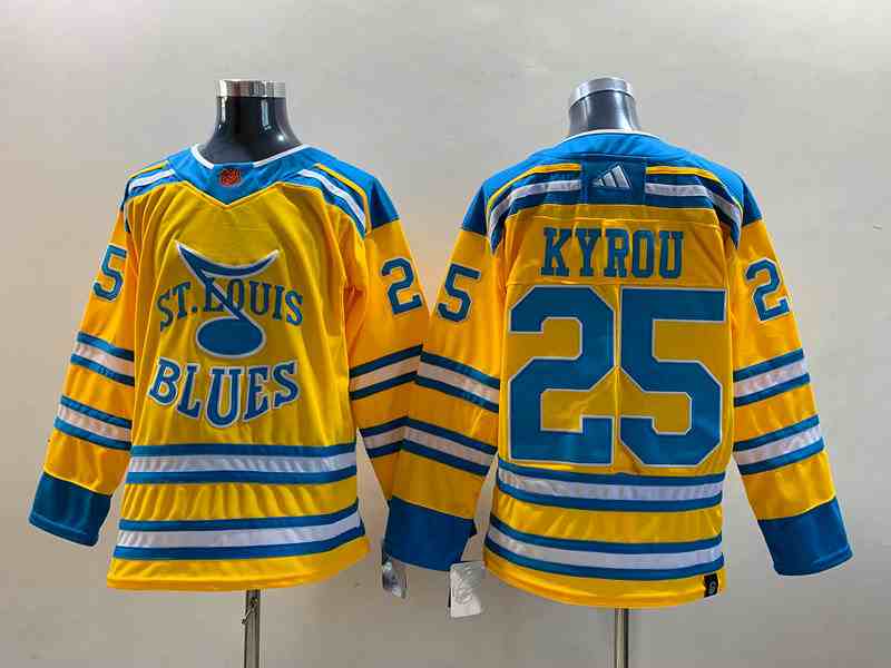 Men's St. Louis Blues #25 Jordan Kyrou Yellow 2022-23 Reverse Retro Stitched Jersey
