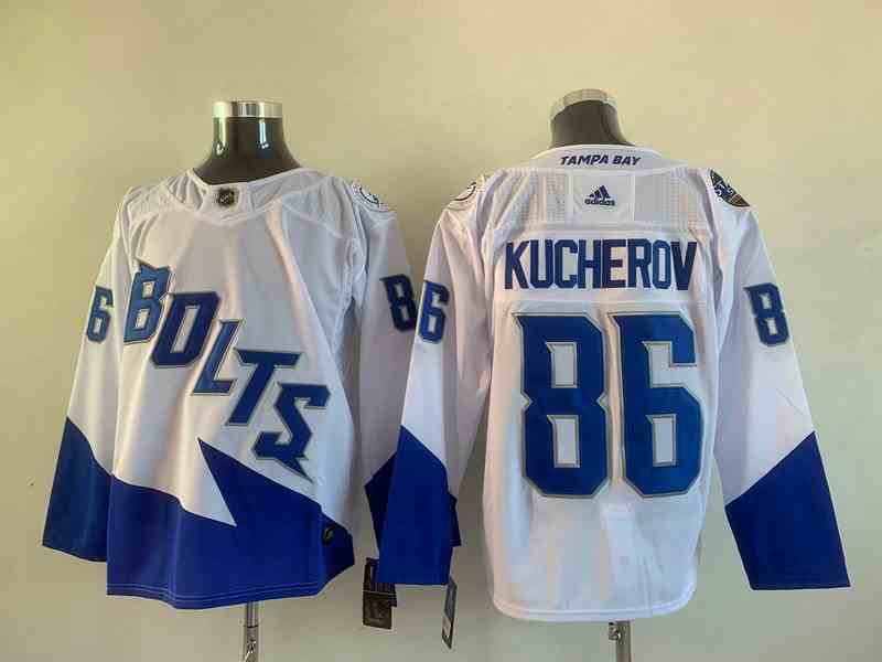 Men's Tampa Bay Lightning #86 Nikita Kucherov 2022 White Stanley Cup Final Patch Breakaway Stitched Jersey