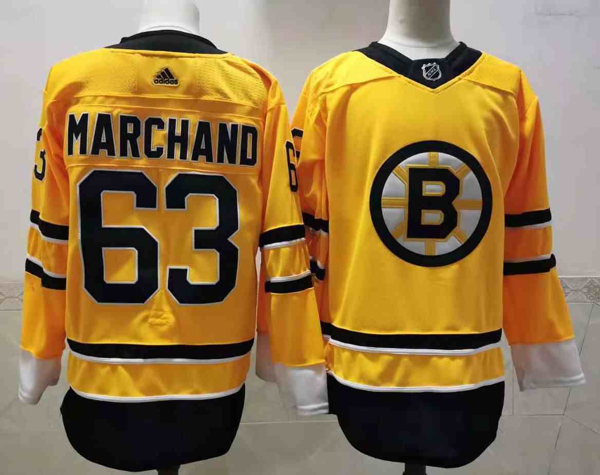 Mens Nhl Boston Bruins #63 Brad Marchand Yellow 2021 Reverse Retro Alternate Adidas Jersey