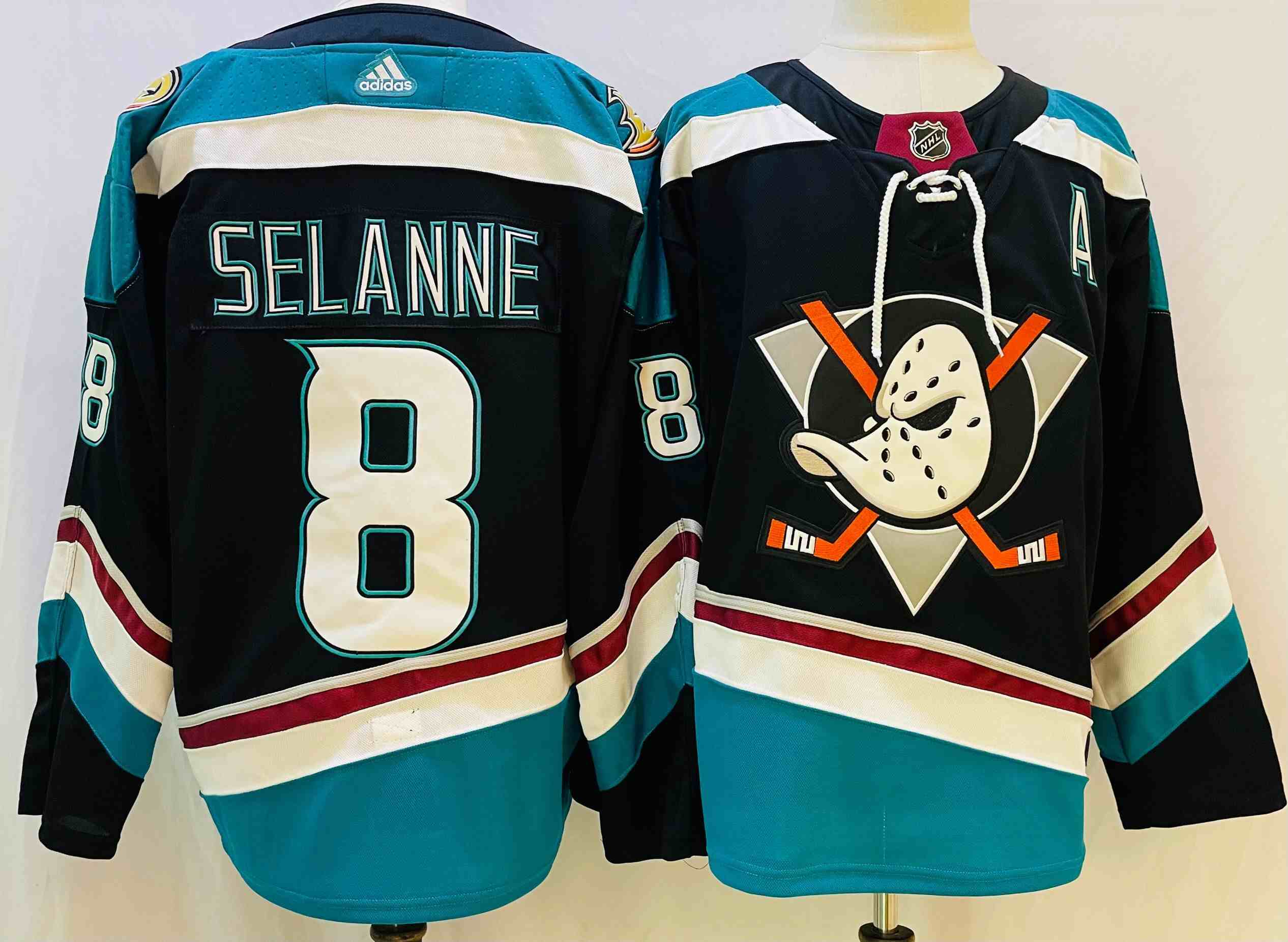 Men's Anaheim Ducks #8 Teemu Selanne BlackTeal Stitched Jersey