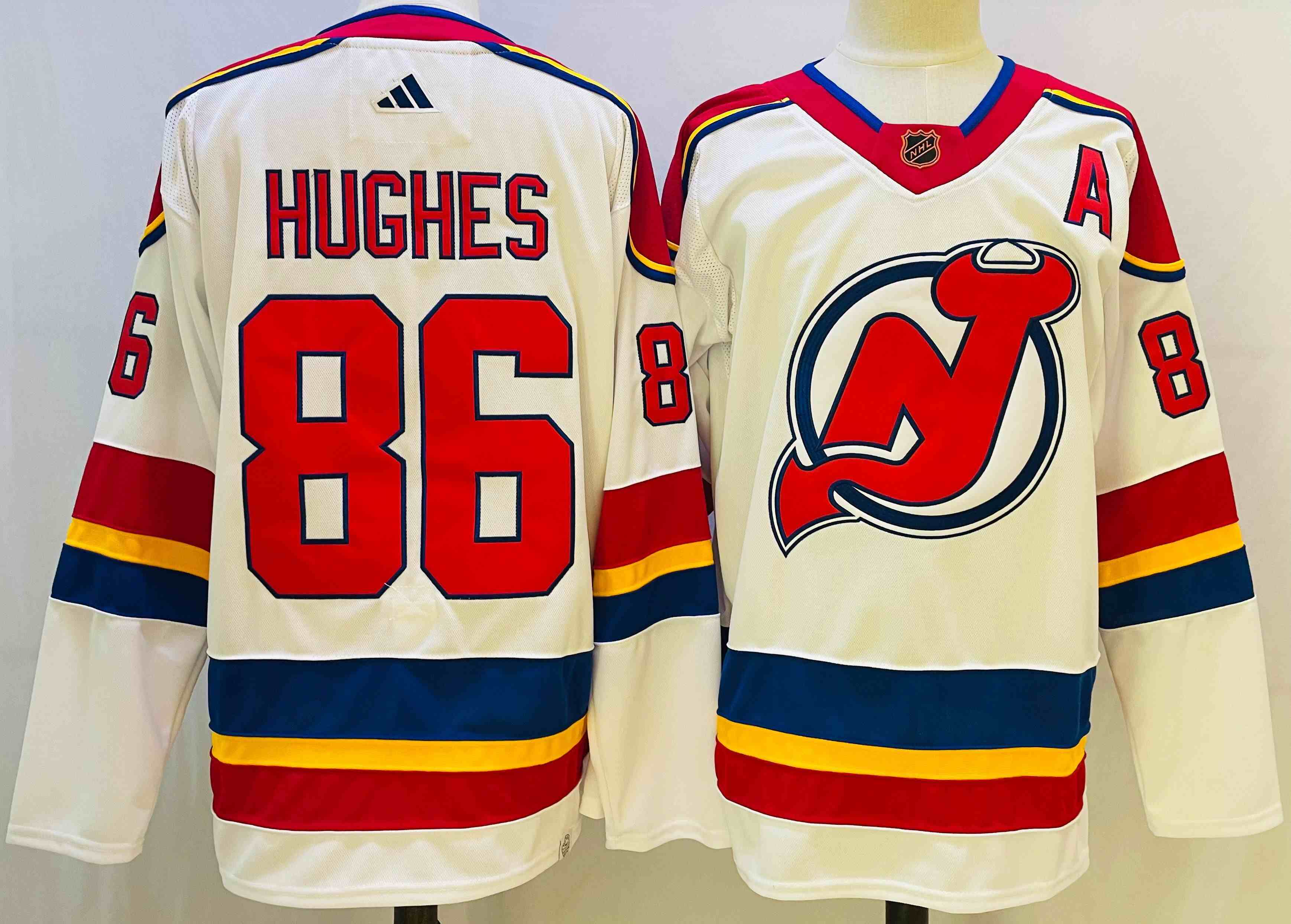Mens Nhl New Jersey Devils #86 Jack Hughes White 2022-23 Reverse Retro Alternate Adidas JerseyT