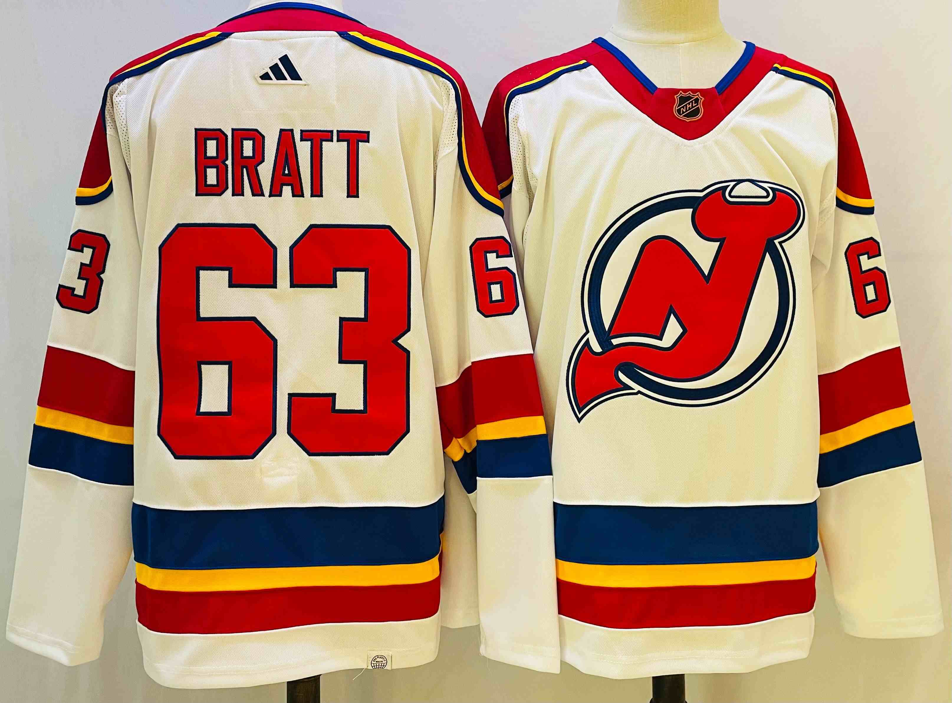 Mens Nhl New Jersey Devils #63 Jesper Bratt White 2022-23 Reverse Retro Alternate Adidas Jersey